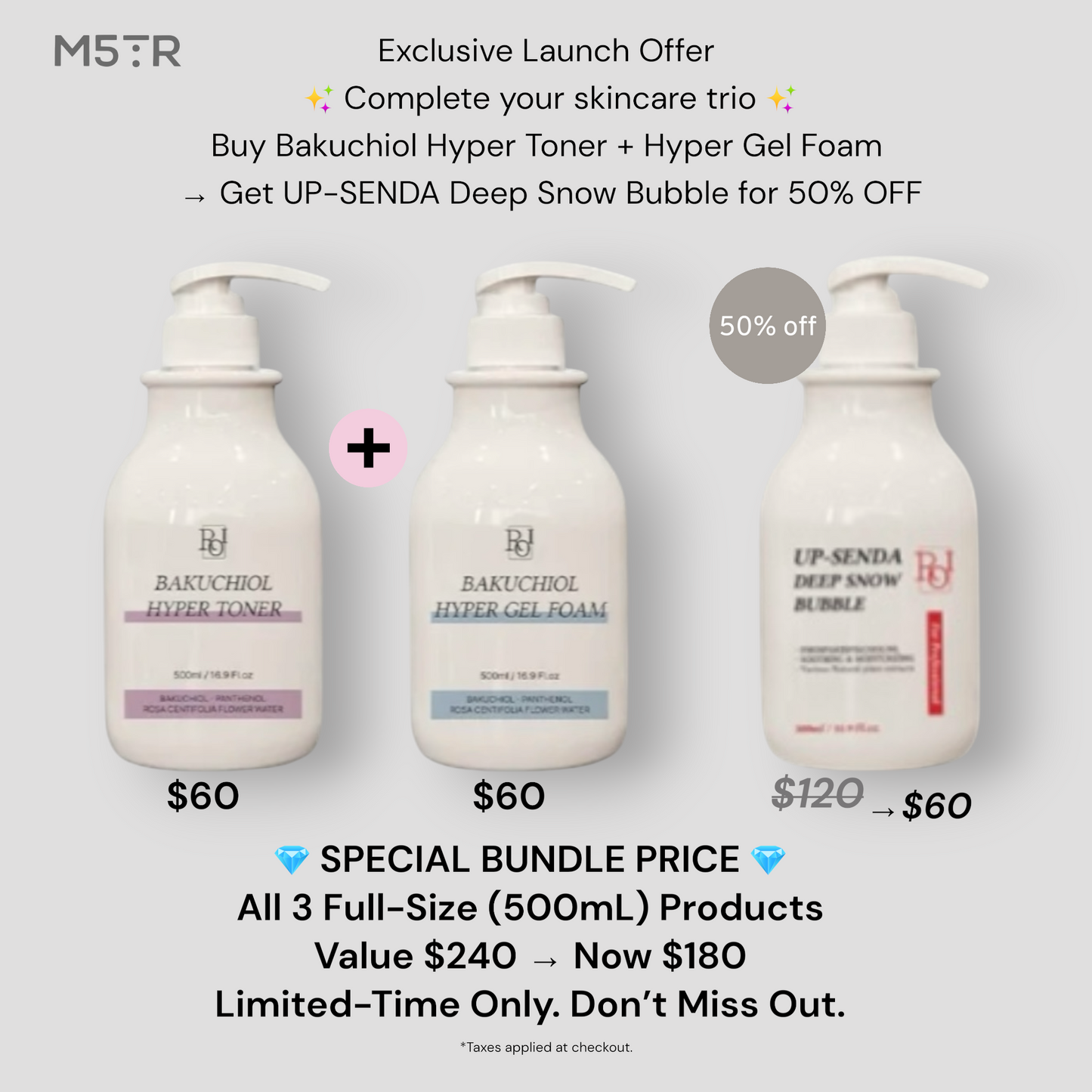 BAKUCHIOL HYPER TONER + GEL FOAM + UP-SENDA DEEP SNOW BUBBLE TRIO SET